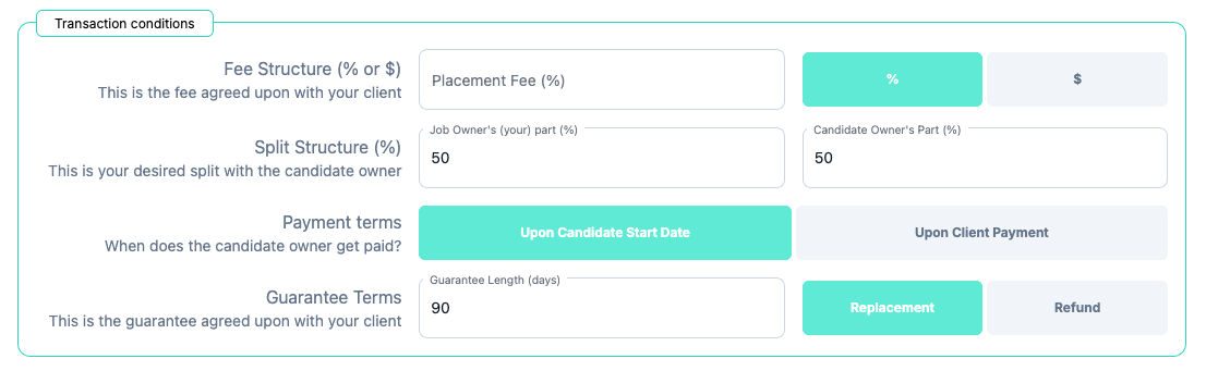 split placement network for recruiters - transaction conditions